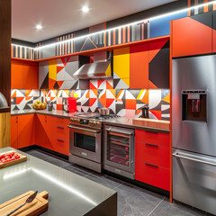 A retro-modern kitchen featuring bold geometric patterns and vibrant colors, juxtaposed with sleek, minimalist cabinetry and high-tech appliances for a playful yet sophisticated aesthetic.
