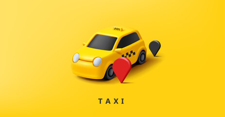 Yellow taxi with geolocation icons, 3D. Isometry. Image on yellow background for design concepts of transport services, travel, taxi, food delivery, transportation. Vector © YarM