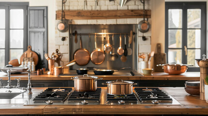 A rustic farmhouse kitchen featuring antique copper cookware alongside state-of-the-art induction cooktops - obrazy, fototapety, plakaty
