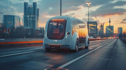 Obraz premium Futuristic Self-Driving Van Moving on a Highway in a Modern City