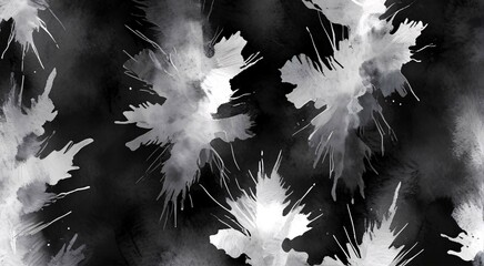 Black watercolor background with white abstract splashes. 