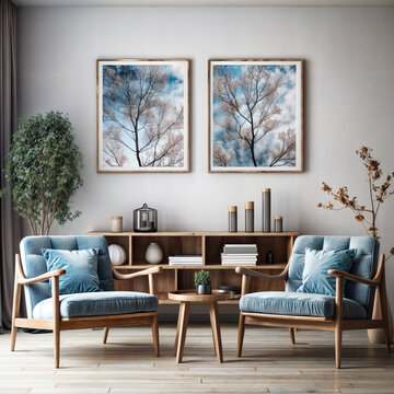 Interior of modern living room with white walls, wooden floor, comfortable blue armchairs, coffee table with books and picture frames. 3d render
