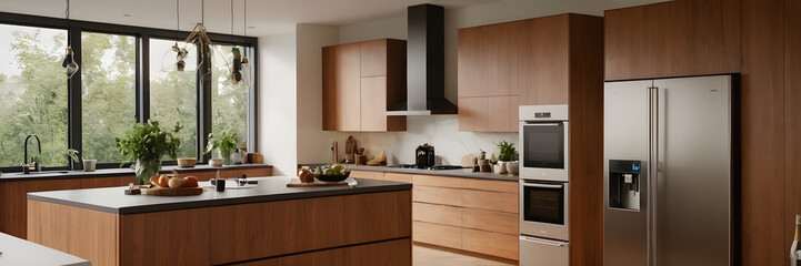 Fototapeta premium Contemporary Elegance: Streamlined Interiors, Chic Furnishings, and Soft Hues in an Airy Living Environment with Seamless Kitchen Integration and Abundant Natural Illumination