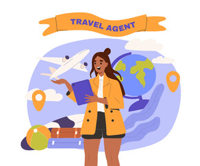 Travel agent woman. Young girl with globe and airplane, luggage. Assistant and consultant give advice for travelers and tourists. Cartoon flat vector illustration isolated on white background