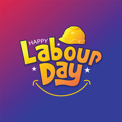 Happy labour Day typography greeting card to celebrate international worker day on 1st May. Labour Day banner With a Safety Helmet vector Illustration. Gradient background. Smile icon. Yellow color