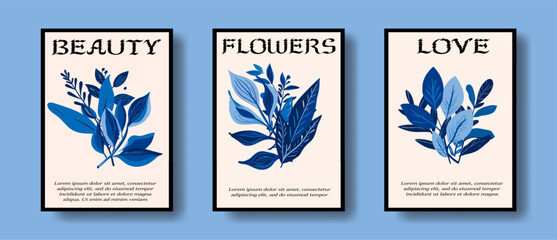Set of elegant posters with floral elements in blue color palette.
