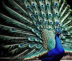 Obraz premium A peacock with its feathers spread out in a beautiful display of color.