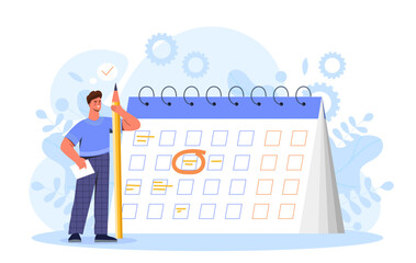 Man with calendar. Talented and hardworking entrepreneur or businessman. Time management and organization of efficient work process, scheduling. Cartoon flat vector illustration