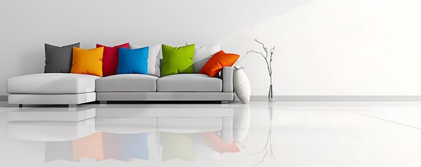 a light grey sofa with multicolour cushions on it, reflection of sofa and pillows on the floor, interior banner, minimalist style wallpaper, stylish design of home
