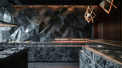 Geometric patterns of marble forming a mesmerizing dark-light ambiance within a corner food point boasting a distinctive interior concept.