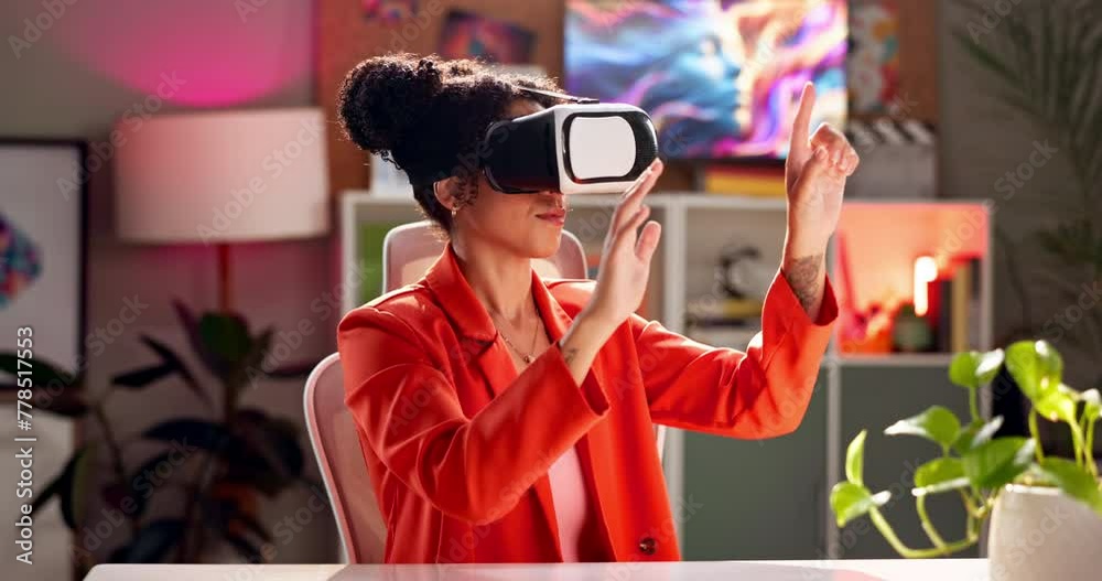 Aufkleber virtual reality, touch or headset for woman with future technology or creative for design in office.