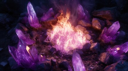 An image of a campfire with intense, violet flames, surrounded by a bed of amethyst crystals. The mystical light casts enchanting shadows on the ground.