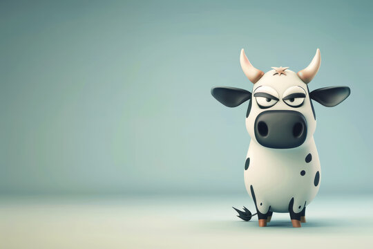 cartoon cow character with a grumpy expression on a light background, copy space for text 
