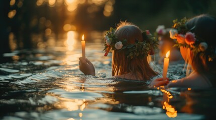 Girls in a wreath of flowers on her head and candles in the water. Midsummer day, Saint John's Day, Ivana Kupala concept - obrazy, fototapety, plakaty