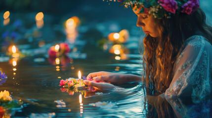 Beautiful Slavic young woman in a wreath of flowers and a candle in the water. Midsummer day, Saint John's Day, Ivana kupala concept - obrazy, fototapety, plakaty
