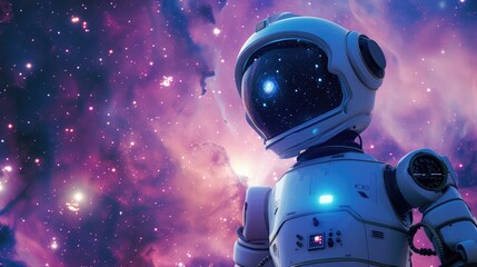 A space exploration robot, posed against a galaxy-themed background, highlighting its mission.