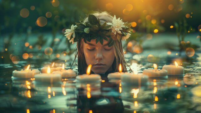 Girl in a wreath of flowers on her head and candles in the water. Midsummer day, Saint John's Day, Ivana Kupala concept