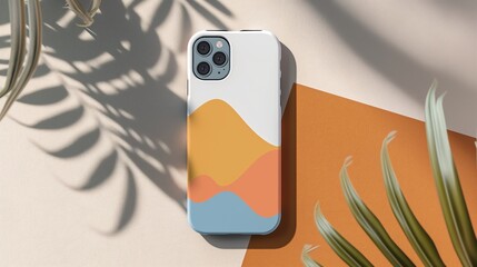 Top view of smartphone with colorful case on colorful background with palm leaves and shadows top view. Mock up  - obrazy, fototapety, plakaty