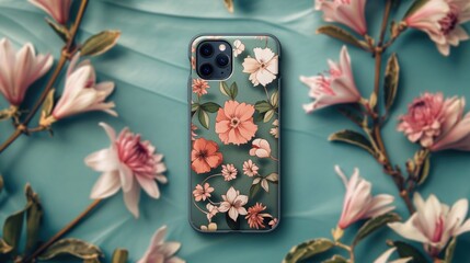 Smartphone with floral pattern on case and magnolia flowers on a blue background. Top view, mock up.