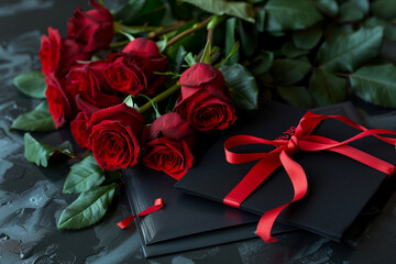 An elegant, graduation-themed school flyer background featuring a black mortarboard, a diploma tied with a red ribbon, and a bouquet of red roses on a sleek, dark table.