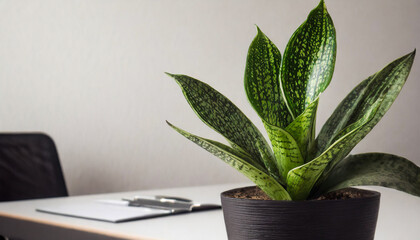 plant in modern office on background, selective focus, copy space