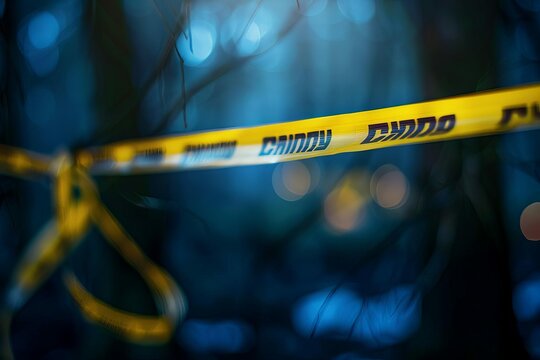 Yellow Crime Scene Tape Across Blurred Background, Police Investigation Concept, Selective Focus Photo