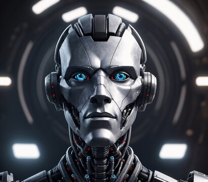 A robot with glowing blue eyes and a metallic body.