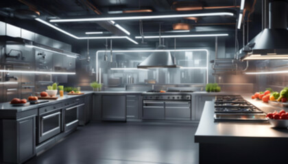 Beautiful blurred background modern interior of a industrial kitchen