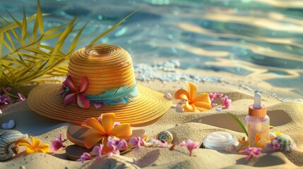 a hat, flipflops, sun cream and other items are on the sand, in the style of decorative backgrounds, wavy resin sheets, lush colors, sparse backgrounds - generative ai