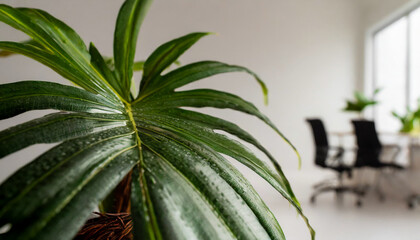 Fototapeta premium palm plant in modern office on background, selective focus, copy space