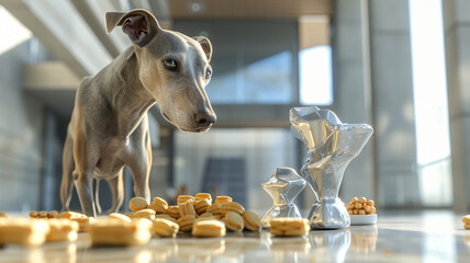 An Italian Greyhound in a modern art museum, posing next to abstract, edible dog treat sculptures,...