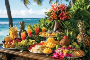 Tropical paradise scene with exotic fruit display on the beach