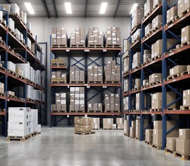 A large warehouse with rows of shelves filled with boxes and crates.