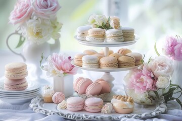 Delicate French pastries such as macarons, madeleines and palmiers are artfully arranged on tiered stands.