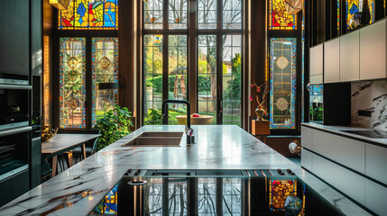 Traditional stained glass windows casting colorful patterns over a modern kitchen island with sleek...