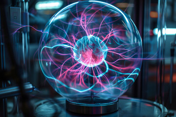 A captivating image of a vacuum chamber experiment in a physics lab, showcasing a plasma ball with tendrils of electric blue and pink light. - obrazy, fototapety, plakaty