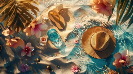 a hat, flipflops, sun cream and other items are on the sand, in the style of decorative backgrounds, wavy resin sheets, lush colors, sparse backgrounds - generative ai