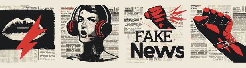  illustrations  lips and eyes,red gloves  above them, "FAKE News", newspaper cut out look, vintage style, flat design, clip art aesthetic, simple collage in the style of a newspaper collage. 