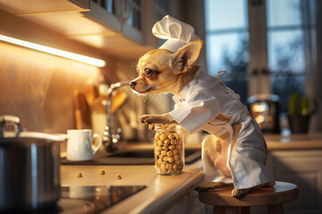 A Chihuahua dressed in a tiny chef's outfit, standing on a stool and reaching for a jar of dog treats on a kitchen counter, with soft, warm lighting. - obrazy, fototapety, plakaty