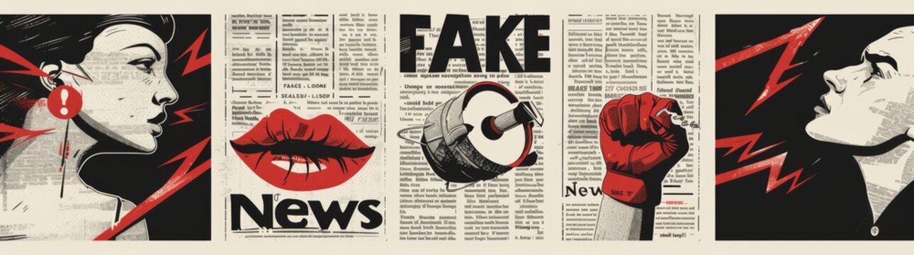  illustrations  lips and eyes,red gloves  above them, "FAKE News", newspaper cut out look, vintage style, flat design, clip art aesthetic, simple collage in the style of a newspaper collage. 