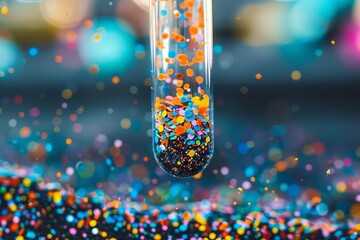 Test tube filled with soil contaminated by colorful microplastic particles, close-up - obrazy, fototapety, plakaty