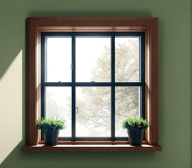 A window with two potted plants on the windowsill.
