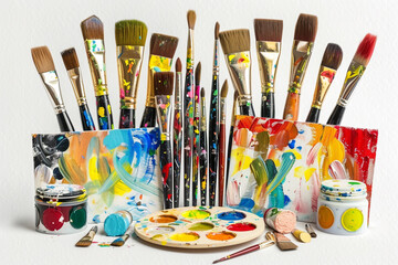 A creative, art-themed flyer background displaying an array of paintbrushes, palettes, and canvases, arranged in a bright, inspiring composition.