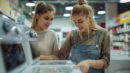 Portrait of a Retail Electronics Shop Consultant Assisting Young Female Customer in Selecting a Washing Machine For Her Home. Beautiful Female Evaluating Modern Laundry Solutions
