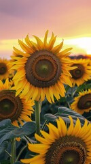 Sunflower growing field at sunset