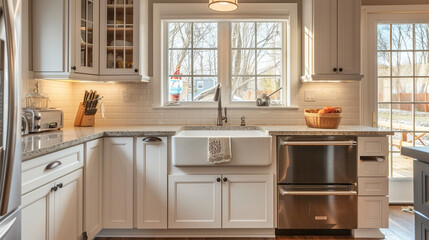 Fototapeta na wymiar A cozy country kitchen with a farmhouse sink and brand new energy-efficient appliances blending old-world charm with modern convenience