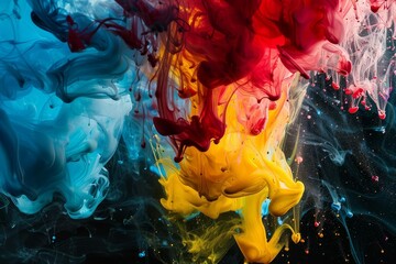 Explosive liquid color motion captured, swirling paint drops on black, abstract