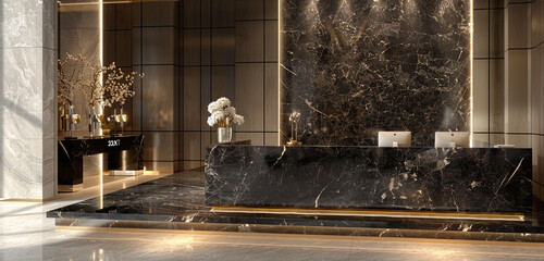A modern interpretation of luxury in the lobby, with a reception desk crafted from sleek black marble and adorned with accents of brushed gold, exuding opulence and sophistication from every angle. - obrazy, fototapety, plakaty