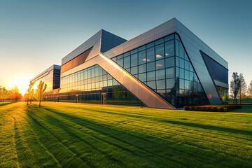 A modern school building exterior at sunrise, with the sun casting a warm glow on the sleek, geometric architecture, surrounded by freshly mowed lawns. - Powered by Adobe