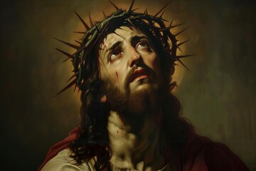 Poignant Portrait of Jesus Christ with Crown of Thorns, Religious Oil Painting